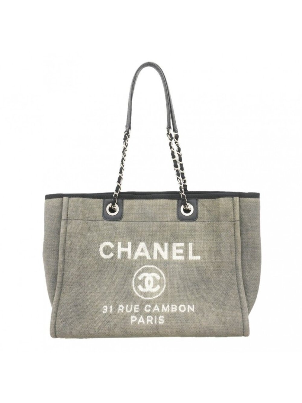 Chanel Chain Tote Deauville Canvas Black Gray Silver